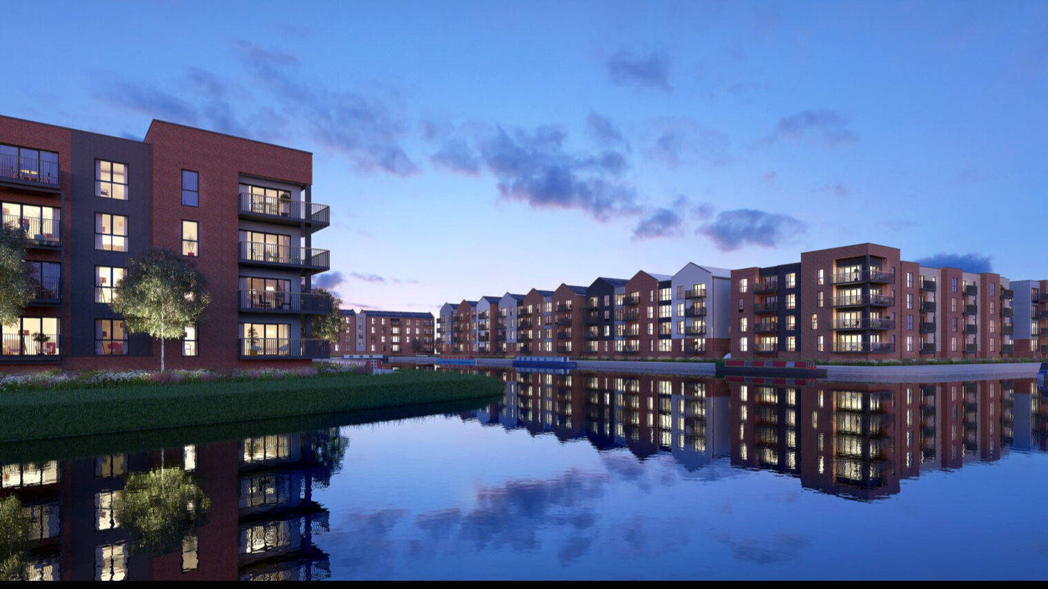 View of Monk Meadow Dock, Gloucester from across Canal at Dusk