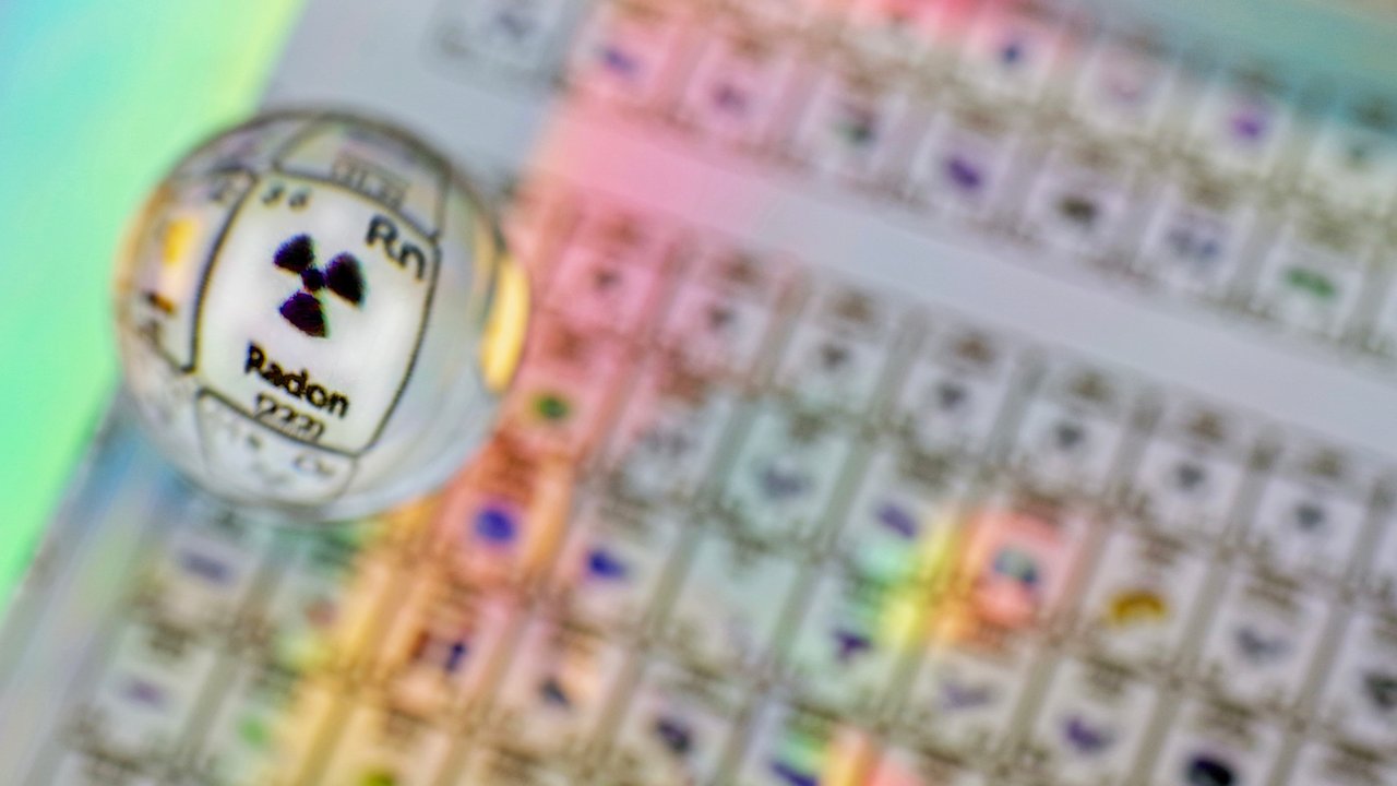 Close-up of Radon (Rn) on the Periodic Table – Radioactive Element Highlight Close-up view of the periodic table with a magnified focus on Radon (Rn), showing its symbol, atomic number 86, and radiation hazard symbol.