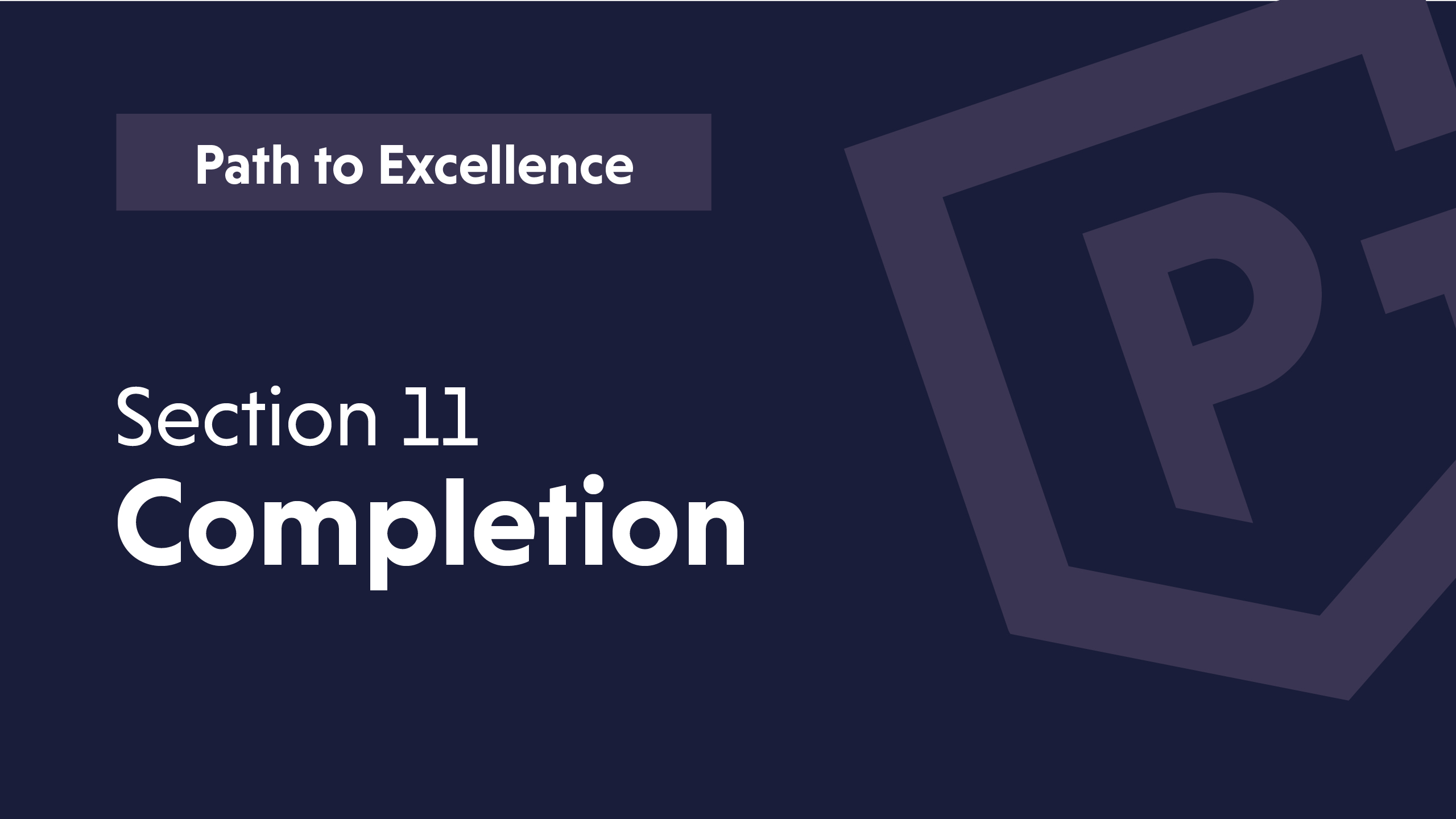 Text on a dark background: "Path to Excellence" and "Section 11 Completion" with a logo in the corner.