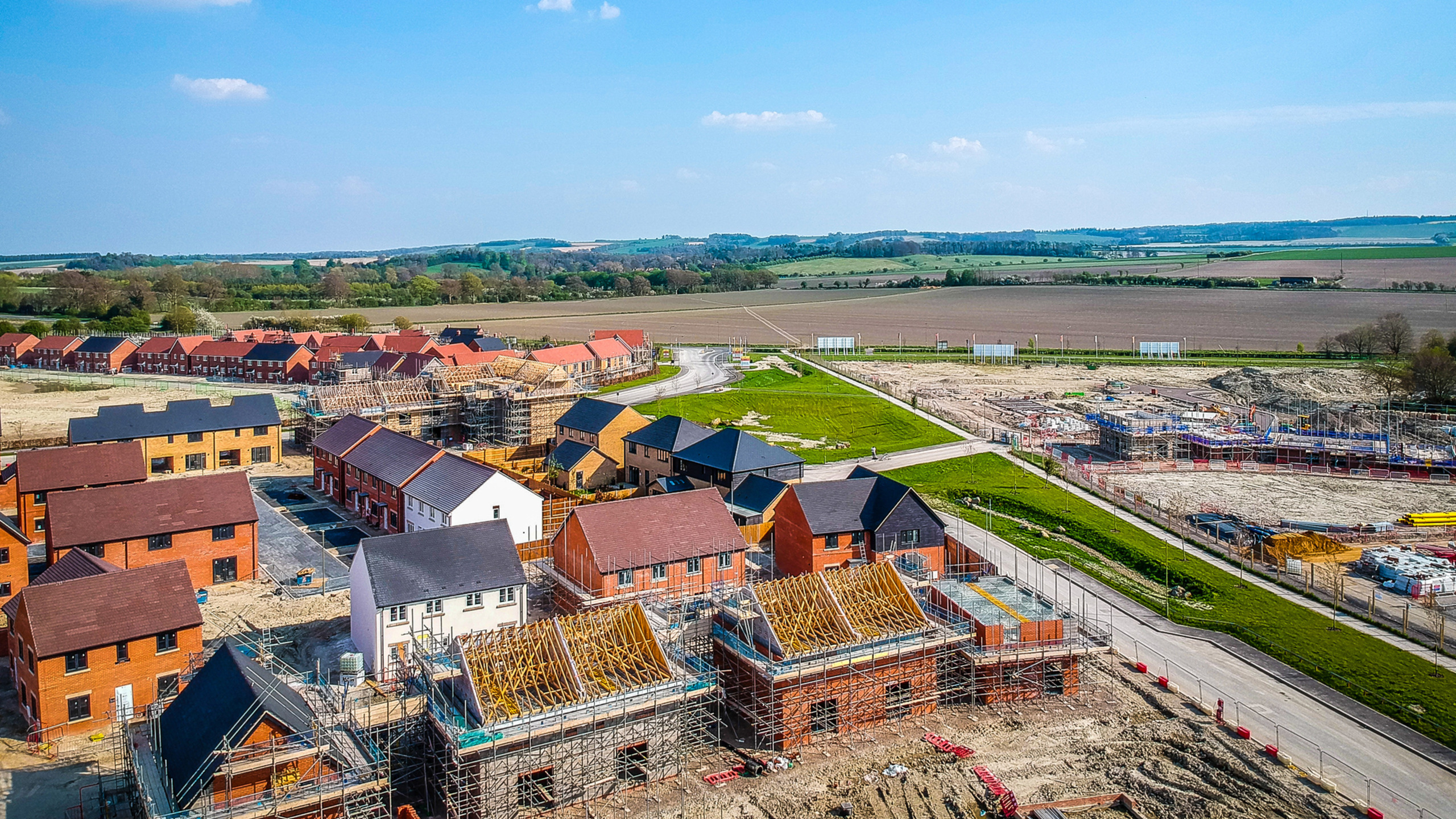 Drone Aerial view of low rise construction site on edge of Wantage in Oxford shire 