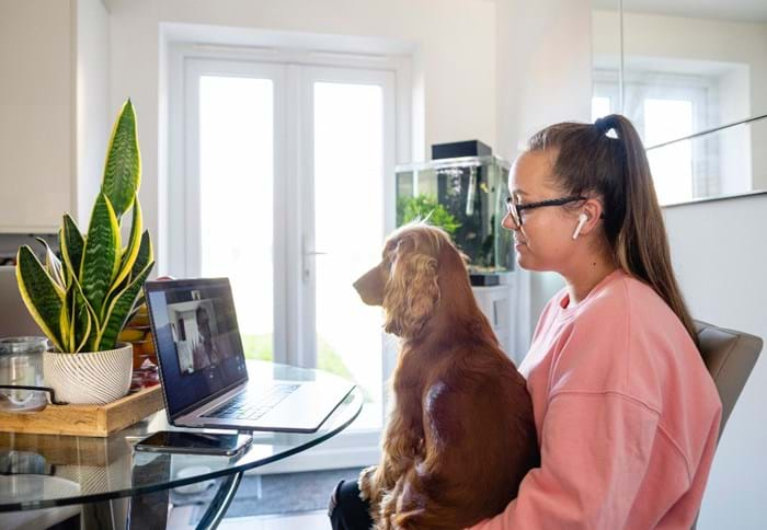 Sitting with dog on lap